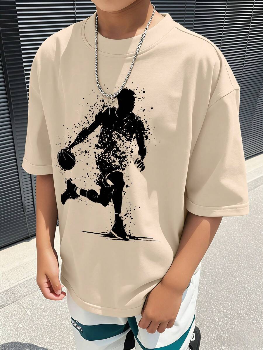 T-shirt décontracté imprimé pour garçons, Top de sport à manches courtes thème basketball, confortable et doux, vêtements pour adolescents, T-shirt décontracté pour garçons, convient pour le port en été - Nude - Voir 1