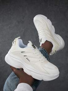 新款春夏男士圆头系带厚底运动鞋，时尚街头风休闲运动鞋 - 米色 - 查看 1