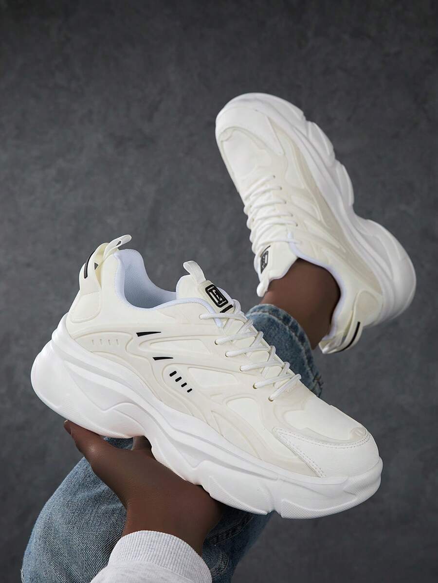 新款春夏男士圆头系带厚底运动鞋，时尚街头风休闲运动鞋 - 米色 - 查看 1