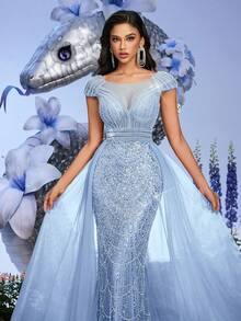 Robe de soirée élégante et formelle pour femmes avec sequins et perles, robe de bal maxi sirène scintillante, dos lacé, pour invitée de mariage, remise des diplômes, banquet et cocktail - Bleu ciel - Voir 8