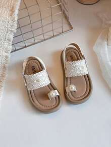 1 Pair Girls' Woven Pearl Thong Sandals, Soft Non-Slip Soles, Sweet Princess Style Children Sandals - Beige - View 3