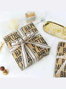 1 Roll Happy Birthday Gift Wrapping Paper - Vintage Striped Kraft Paper With Gold Glitter Accents, High-Quality DIY Party Decor For Weddings, Birthdays, Graduations, Thanksgiving, Birthday Parties, Holiday Gift Wrapping, Elegant Presentation, Craft Supplies For Holidays - Multicolor - View 4