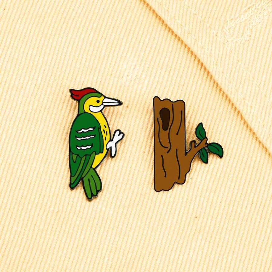 1枚啄木鸟树洞珐琅胸针，可爱动物丝带植物胸针，男女时尚翻领胸针徽章收藏胸针 - 彩色 - 查看 1