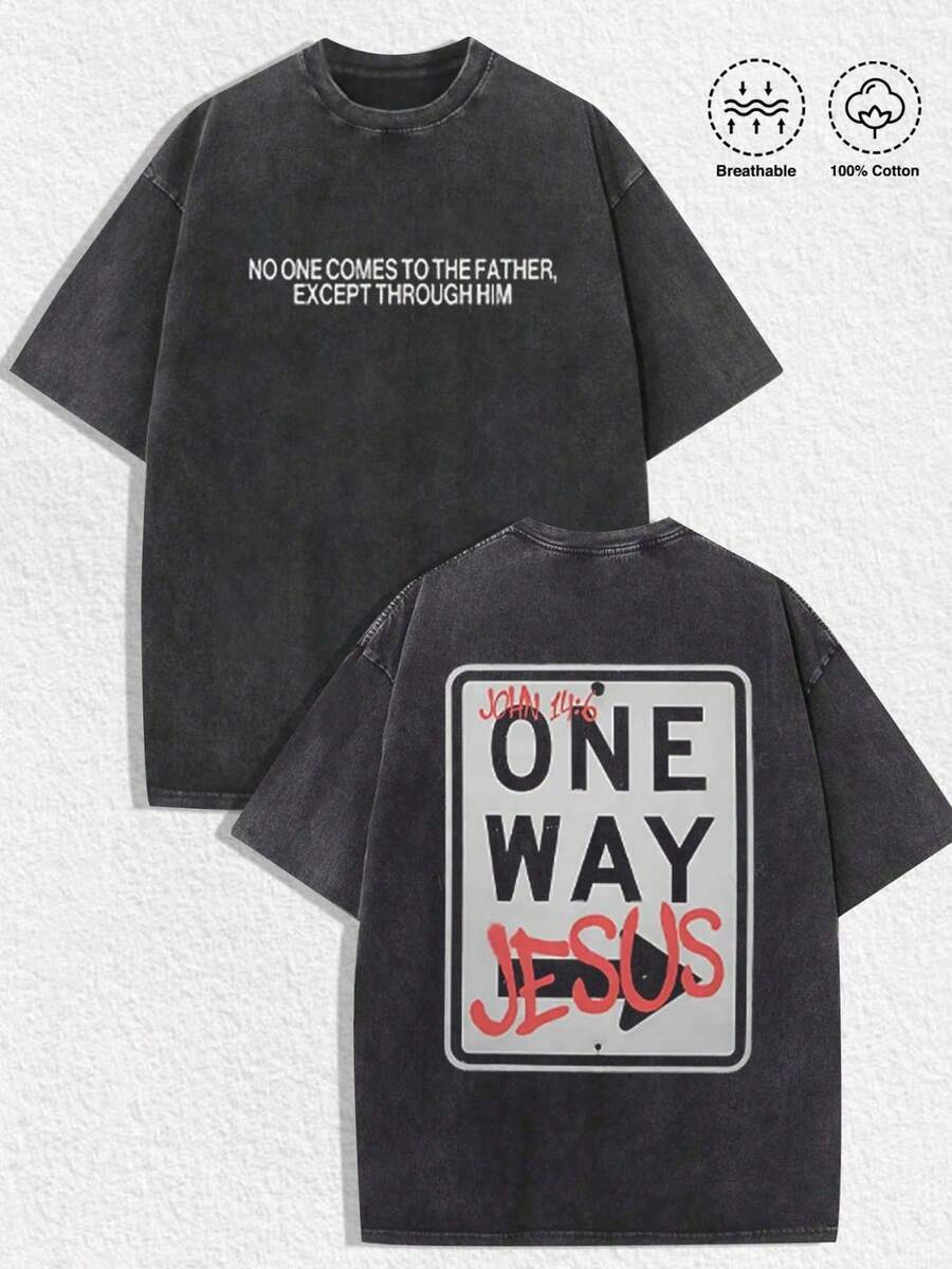 220g Washed Short Sleeved Shirt,  And Fashionable Men's Casual,One Way Jesus John 14:6 Printed Pattern T-Shirt For Spring And Summer, Suitable For Daily Outdoor Wear - màu đen - Xem 1