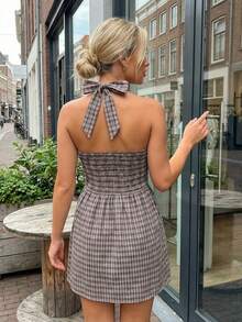 Women's Summer Halter Mini Dress Stylish Plaid Backless Sleeveless V Neck A Line Dress - Nâu đỏ - Xem 4