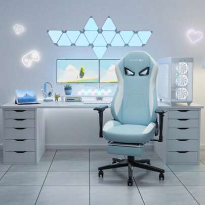 KORNOX Ergonomic Gaming Chair Fabric With Footrest For Adults,Office Chair High Back,Game Chair Racing Cloth Height Adjustable,Game Chair With Headrest And Lumbar Support For Girls,White And Blue