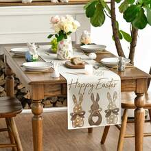 1 pieza Camino de mesa con conejo y zanahoria para Pascua, decoración de mesa de cocina y comedor para primavera/verano, fiestas en interiores/exteriores, camino de mesa beige - Beis - Ver 4