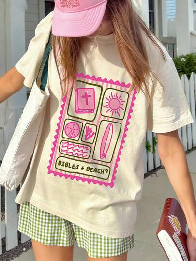 1pc Girls Casual Sausage Dog Enjoying Good Times Print Round Neck Short Sleeve T-Shirt, Summer Student Young Clothing