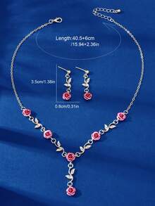 优雅周年纪念结婚首饰套装，银链花朵吊坠项链和垂坠耳环 - 玫紅色 - 查看 4