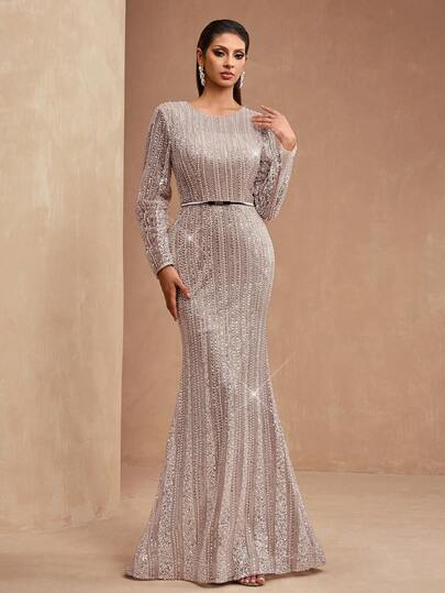 AMILUCK Nowa, patchworkowa sukienka z okrągłym dekoltem i prostymi rękawami, metalową srebrną klamrą i odpinanym paskiem, luksusowa, z bogato zdobionymi cekinami i koronką, z długim rękawem, elegancka, formalna suknia wieczorowa na wesele