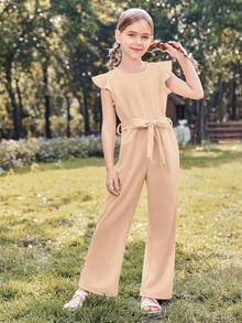 Adolescent Summer Belted Jumpsuit - Cap Sleeve Wide Leg One Piece Outfit - Khaki - View 6
