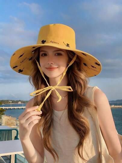 1pc Women's Breathable Waterproof Quick-Dry Adjustable Printed Four-Leaf Clover Pattern Sun Hat, With Drawstring And Wide Brim, Designed For Perfect Sun Protection And Daily Use, Suitable For Hiking, Cycling, Camping, Fishing And Other Outdoor Activities, Beach Hat, Women Beach Hat, Cruise Essential