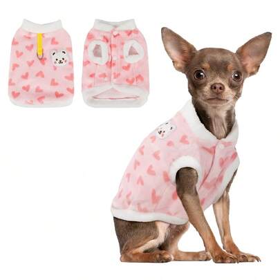 小型犬/猫冬季毛绒外套，柔软舒适，带牵引环，情人节小狗装扮，可爱爱心图案猫狗毛衣，适合小型/中型犬种