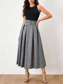 Women's High Waist Gray Skirt, Elegant Casual Style - Grey - View 3