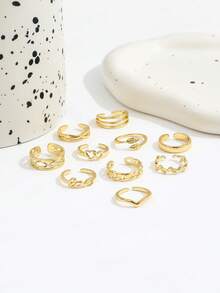 10pcs Creative Letter, Heart, Leaf Open Toe Rings Set, Multi-Element Heart Vine Stackable Foot Rings For Women - Gold - View 2