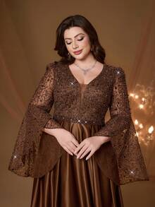 Đầm dạ hội cỡ lớn thanh lịch cổ chữ V Anpoketnew với họa tiết hoa, đường may đôi, thêu, thắt lưng, tay áo xếp nếp, vải satin, chân váy dài, màu nâu, thích hợp cho đám cưới. - Cà phê nâu - Xem 10