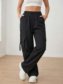 Pantalones cargo holgados de tiro alto para mujer, con múltiples bolsillos y dobladillo con cordón para uso urbano y casual en color negro - Negro - Ver 2