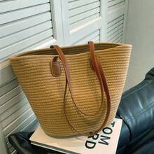 Large Capacity Woven Cotton Rope Storage Bag With Leather Handles, 1PC Casual Versatile Tote For Commuting, Beach, And Travel - Handled Organizer For Various Room Types - Multicolor - View 7