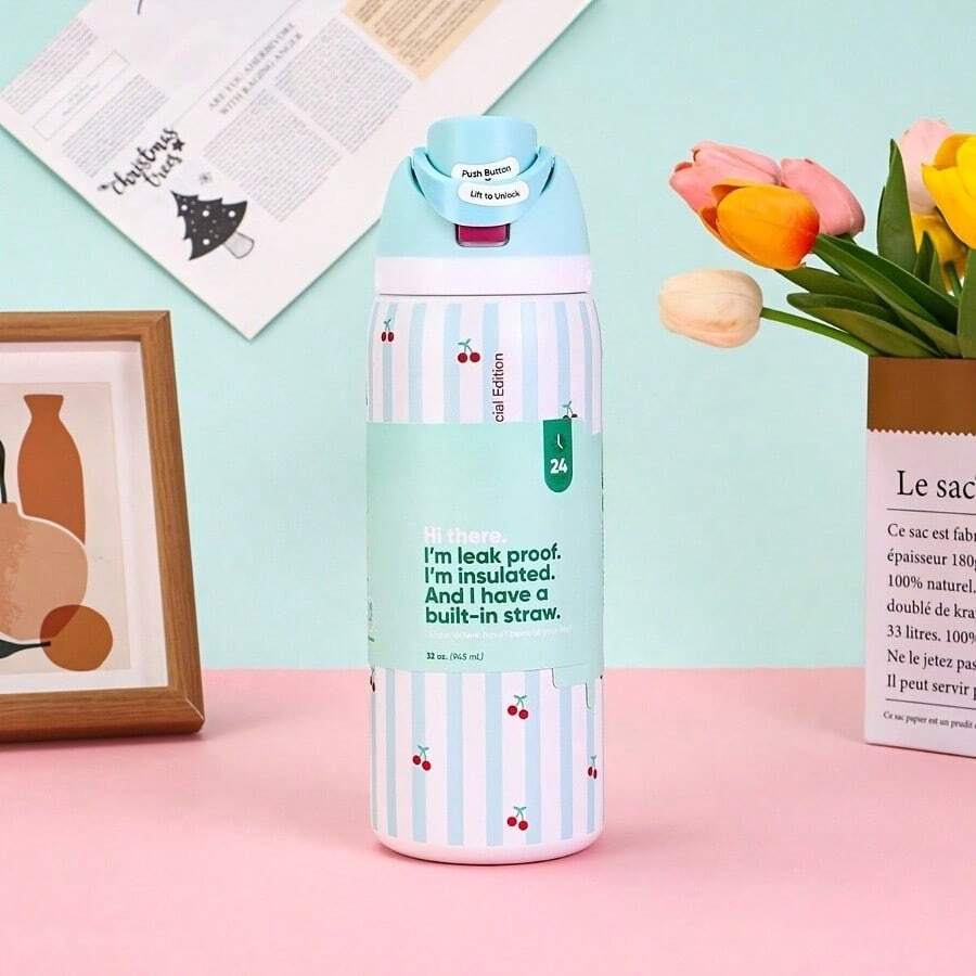 24oz /32oz Stainless Steel Insulated Water Bottle With Straw, Portable Coffee Mug Suitable For Hot & Cold Drinks, Fitness And Cycling Water Bottle, Leak-Proof Lid Travel Cup For Camping, Hiking, Driving, Outdoor Activities - Mint Blue - View 1