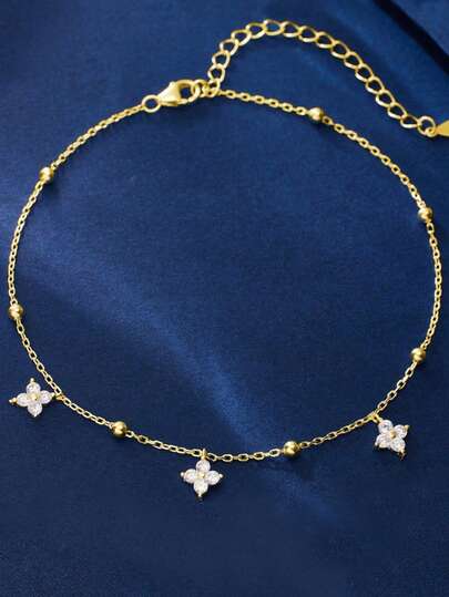 1pc S925 Sterling Silver Minimalist Beaded Chain Clover Anklet, Versatile For Vacation, Daily Wear, Exquisite Holiday Gift