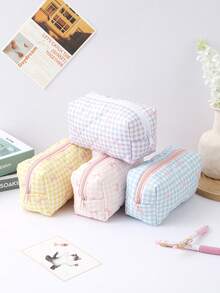 1 pieza Estuche de lápices elegante con diseño de lazo a cuadros rosa, bolsa de almacenamiento de papelería para estudiantes, decoración de escritorio y artículo esencial para oficina, imprescindible para volver a la escuela - Una pieza - Ver 3