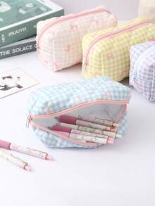 1 pieza Estuche de lápices elegante con diseño de lazo a cuadros rosa, bolsa de almacenamiento de papelería para estudiantes, decoración de escritorio y artículo esencial para oficina, imprescindible para volver a la escuela - Una pieza - Ver 5