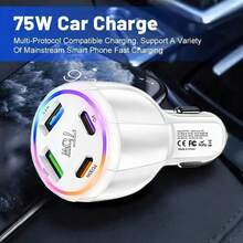 Fast Charging Cell Phones Car Charger 75W 4-In-1 Car Charger With 2 USB And 2 Type-C Ports, RGB Ambient Lighting, Compatible With IPhone 16 Pro/16/15 Pro/15 And S25/S24/S23, Ideal For Daily Commute, Long-Distance Driving And In-Car Charging Valentine's Day Gift - Multicolor 1 - View 1