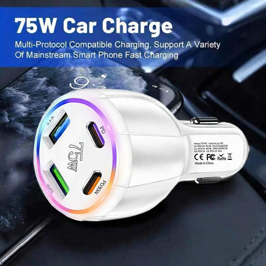Fast Charging Cell Phones Car Charger 75W 4-In-1 Car Charger With 2 USB And 2 Type-C Ports, RGB Ambient Lighting, Compatible With IPhone 16 Pro/16/15 Pro/15 And S25/S24/S23, Ideal For Daily Commute, Long-Distance Driving And In-Car Charging Valentine's Day Gift - Multicolor 1 - View 1