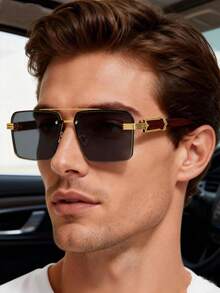 一副黑色方形半框菱形镜腿眼镜，复古独特时尚高端男女通用款，适合驾驶、街头摄影、度假、派对、日常佩戴 - 黑色 - 查看 8