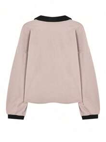 女士宽松撞色高领长袖T恤，休闲春季粉色 - 粉色 - 查看 7