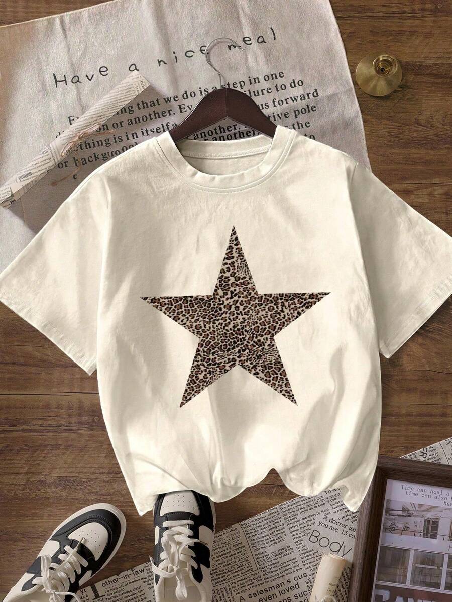 Áo thun nữ cỡ lớn in họa tiết da báo và sao, cổ tròn, tay ngắn, màu trắng, kiểu dáng thường ngày, thích hợp cho mùa hè. - trắng - Xem 1
