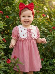 女婴情人节夏季新款荷叶边领草莓刺绣蝴蝶结条纹泡泡袖连衣裙 - 紅白色 - 查看 3