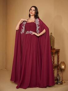 Đầm dạ hội cao cấp thanh lịch bằng chiffon, cổ vuông, phối sequin, tay áo choàng, xếp ly ở phần ngực, chất liệu chiffon dành cho nữ của SUPGIR. - Màu Đỏ Sâu - Xem 6