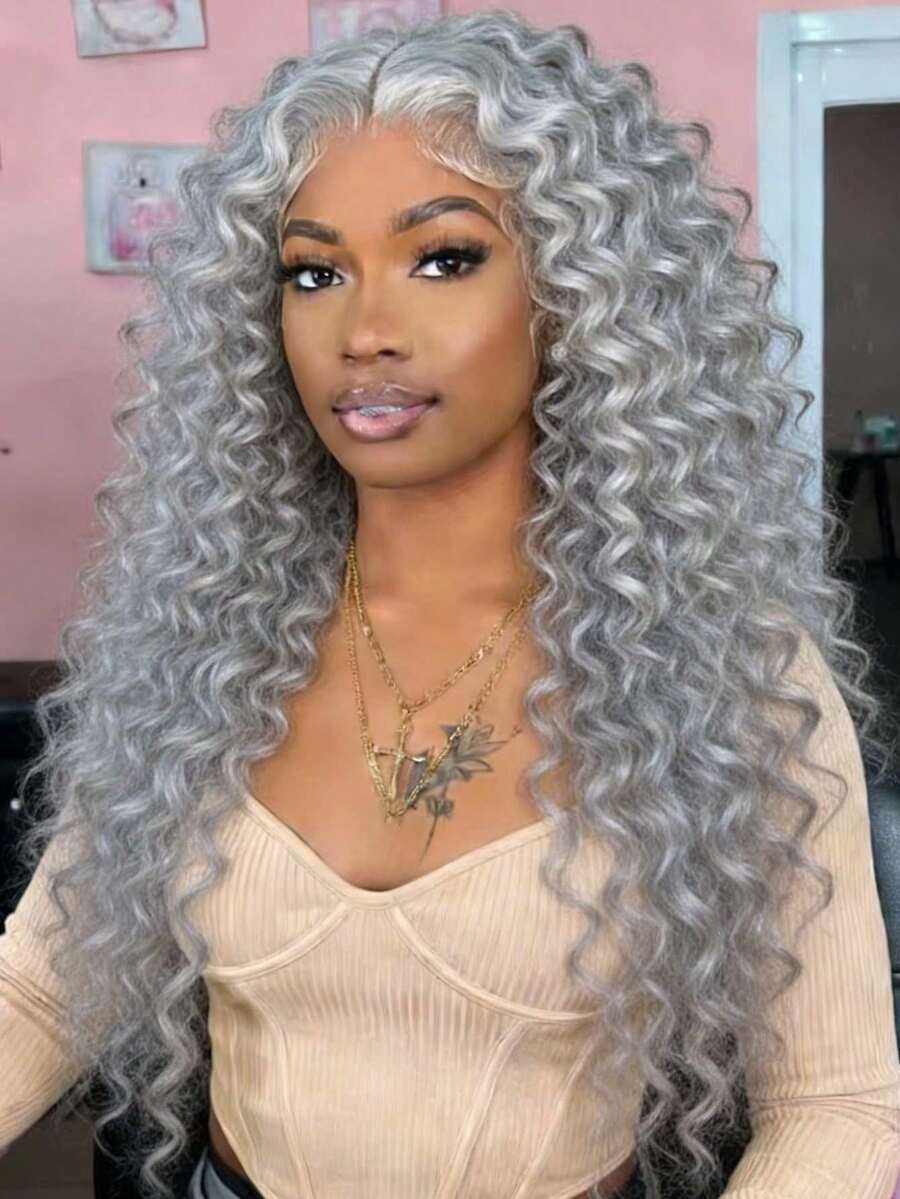 Silver Grey Kinky Curly Lace Front Wigs Human Hair Perfect For Daily Wear 13x4 Hd Transparent Deep Wave Lace Front Wigs Human Hair Free Part 250 Density Gray Colored Human Hair Wigs For Women - 灰色的 - 查看 1