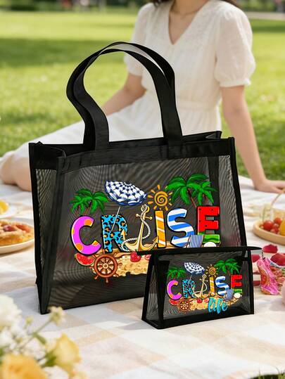 1/2pcs "Cruise Life" Mesh Tote Bag & Pouch Set, Colorful Vacation-Themed Beach Bag With Matching Cosmetic Pouch, Ideal For Carrying Beach Essentials, Cruise Supplies, Daily Items & Cosmetics, Suitable For Cruise Travelers, Beach Lovers, Vacationers, Gift Givers, Perfect For Cruise Trips, Beach Days, Pool Parties, Spacious Tote + Compact Pouch Design, Versatile As Beach Tote, Reusable Shopping Bag