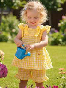 两件套，少女休闲时尚可爱柔软舒适，黄色小鸭刺绣贴花吊带背心搭配格子松紧腰短裤，蝴蝶结装饰，适合夏季日常穿着、度假、户外活动 - 彩色 - 查看 4