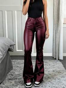 Women's High Waist Glossy PU Leather Wide Leg Pants, Matte Coated, Fashion Versatile, Suitable For Party, Commute, Music Festival, Vacation, Casual Straight Leg Pants, Spring/Summer Clothing, Best Seller, Y2K Style, Suitable For Party, Commute, Holiday, Festival, Outdoor Activities, Spring/Summer Wear, Suitable For Tall Women, Outfitting, Black, Trousers - 酒紅色 - 查看 2