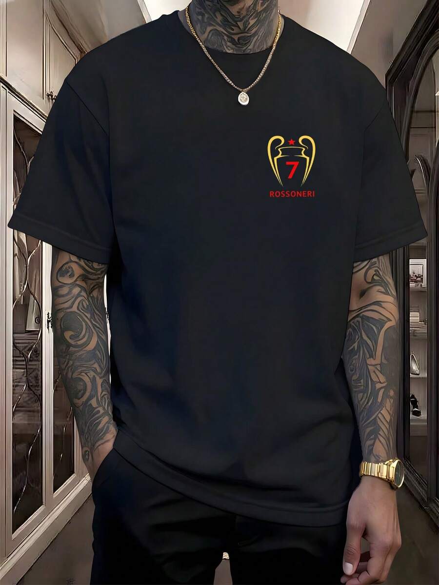 Camiseta Rossoneri, estampado número 7, diseño leyenda, look europeo, para partido Serie A, evento deportivo, ideal para fanáticos AC Milan, camiseta casual, manga corta, urbanoenvío nacional,playera de hombre,ropa de hombre,regalos para hombre,regalos para tu novio,oversize hombre. - Negro - Ver 1