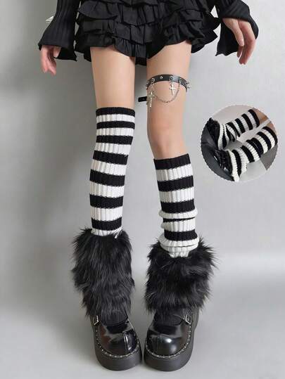 1 Pair Japanese Style Black & White Striped Knitted Leg Warmers, Versatile Leg Warmers Covers For JK Fashion, Suitable For Spring, Autumn & Winter. Colorful Striped Knitted Leg Warmers, Y2K Harajuku Style Calf Sleeves