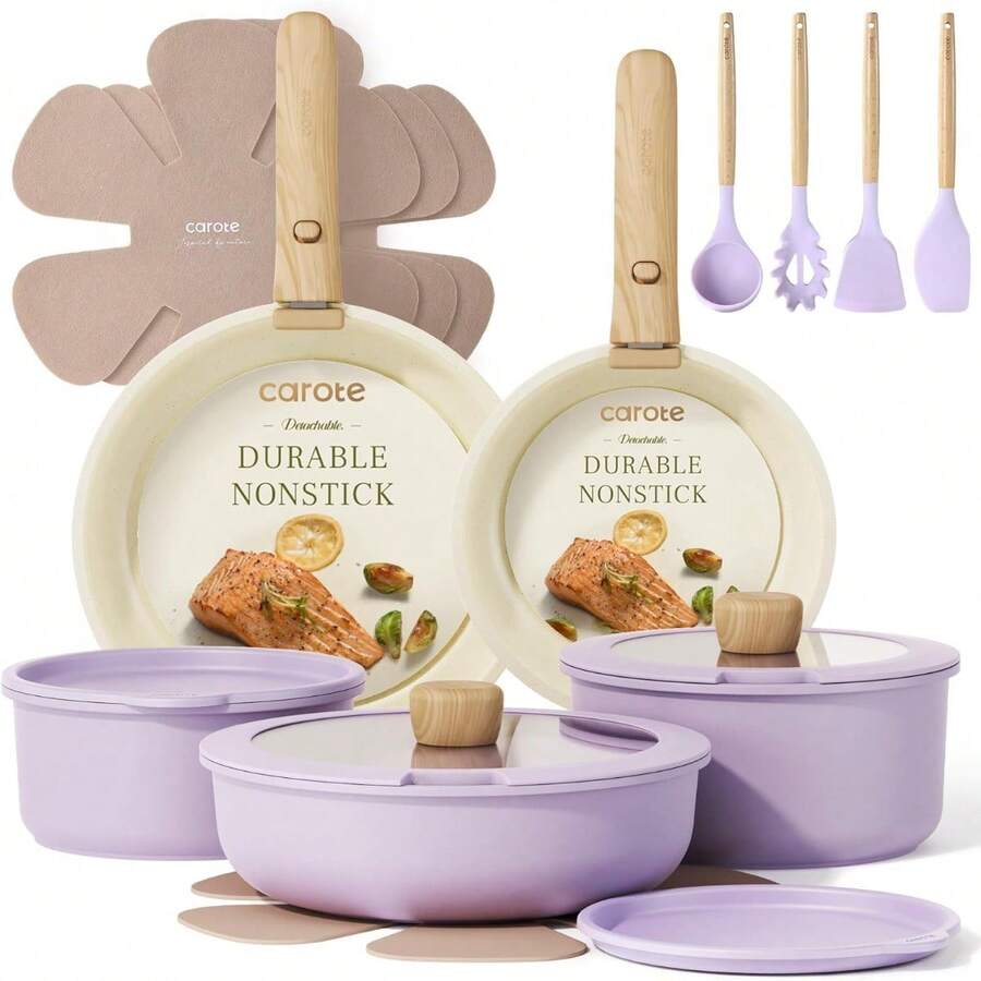 CAROTE Pots And Pans Set Non Stick, Cookware Sets, 19pcs Kitchen Set, Oven/Fridge , Space Saving Pots Set, Nonstick Set With Versatile Removable/Detachable Handle, Induction RV Set, Purple - 紫色 - 查看 1