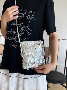 1个绗缝开合式PVC亮片小方包，时尚闪亮亮片零钱包手机包，女士派对活动包，新款时尚链条斜挎包，闪亮亮片别致单肩包，适合女士出席宴会和派对 - 銀色 - 查看 4