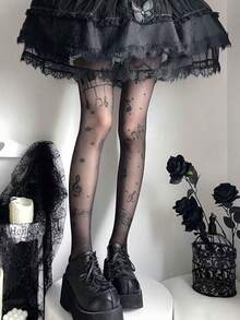 1双女士透明音符印花连裤袜，洛丽塔和哥特美学风格紧身裤，适合另类风格服装 - 黑色 - 查看 2