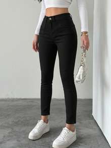 Women's Slim Fit Jeans With Pockets, Buttons & Zipper Closure - Black - View 2