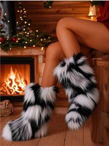 Women's Colorful Plush Snow Boots, Fashion , Thickened, Insulated, Featuring Fluffy, Long Hair Plush, Jacquard Stripe Design, Mid-Calf Length - Nâng cấp lên đen trắng - Xem 4