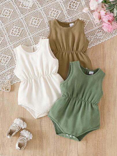 3pcs/Set Baby Girls' Minimalist Solid Color Cute Raindrop Sleeveless Bodysuit Outfit, Comfortable & Breathable Summer Infant Set