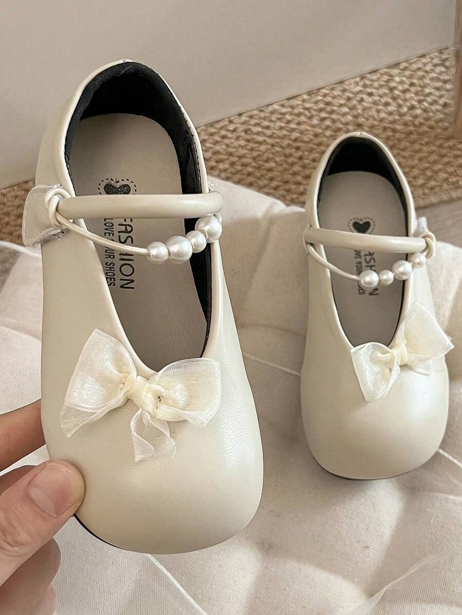 1双儿童珍珠带PU皮防滑圆头平底公主风玛丽珍鞋 生日派对/日常婴儿平底鞋 - 米色 - 查看 1