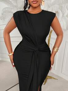BIUBIU 大码女式圆领垫肩无袖荷叶边下摆扭腰修身连衣裙，侧开衩，亮面面料，适合春、夏、秋、冬四季穿着，黑色优雅款，适合派对等场合。 - 黑色 - 查看 7
