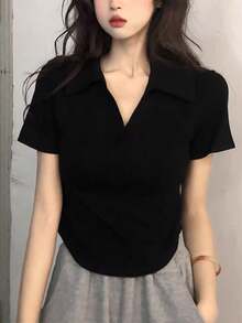 女士 Y2K 极简主义纯黑色修身腰部甜美性感百搭翻领短袖T恤，春夏款 - 黑色 - 查看 1