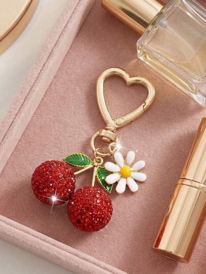 Sparkling Cherry Pearl Pendant Paired With Floral Decoration, Belt Accessory, Shiny Resin Pendant Paired With Alloy C-Shaped Hook, Elegant Faux Pearl Pendant, Large Cherry Shaped Crystal Keychain Pendant, Shiny Cherry Shaped Clip On Keychain, Suitable For Bags, Shiny Plastic And Metal Accessories, Suitable For Women's Wallets And Handbags