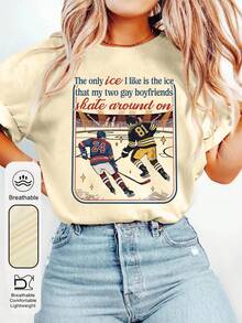 大码女式每日两男滑冰图案圆领短袖休闲夏季女式上衣，不同队服冰球运动员图案女式杏色T恤 - 杏色 - 查看 4